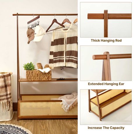 Bamboo Clothing Rack with Rattan Basket & Wheels