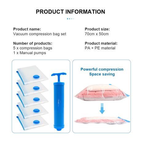 5Pc Vacuum Storage Bags with Manual Hand Pump