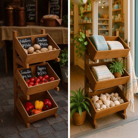 3-Tier Pine Wood Basket Display Stand Storage Shelf