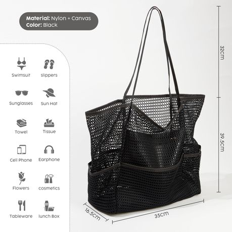 Mesh Multi-Pocket Beach Tote Foldable Nylon Travel Shoulder Bag