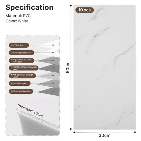 White Marble Peel & Stick Vinyl Wall Tiles 30x60cm - 10 Pack