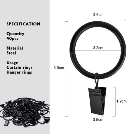 Steel Metal Curtain Rings with Secure Clips - 40Pcs