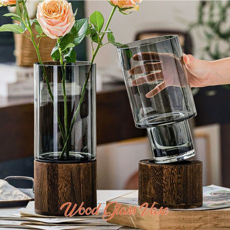 Clear Glass Vase Tung Wood Base Floral Arrangement Holder