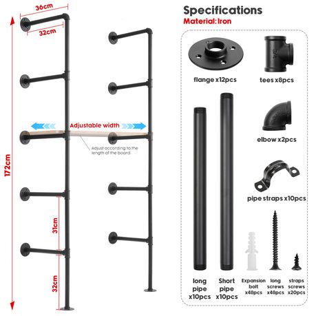 Chenshia 5-Tier Industrial Wall Mount Iron Pipe Shelving Bracket DIY Shelf