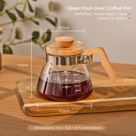 600ml Glass Pour Over Coffee Server With Wooden Handle & Spout
