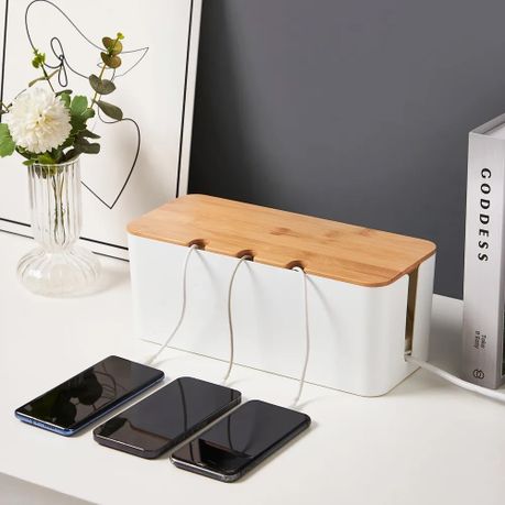 Airtight Cable Storage Box Set of 2 with Bamboo Lids | White