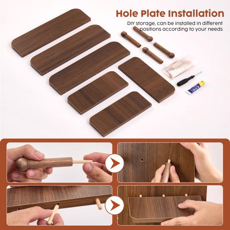 Full-Length Sliding Mirror with Solid Wood Pegboard & Hooks Storage - Brown