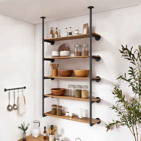 Chenshia 5-Tier Industrial Wall Mount Iron Pipe Shelving Bracket DIY Shelf