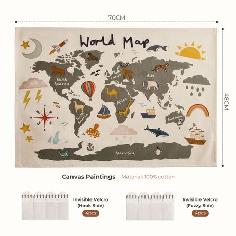 Cotton Kids Wall Poster | World Map with Animals | 70 × 48 cm