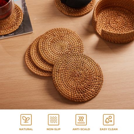 6Pc Boho Drink Coasters Handwoven Round Drink Mats