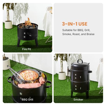 3-in-1 Vertical Charcoal Braai & Smoker BBQ Grill with Thermometer