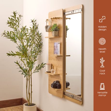 Full-Length Sliding Mirror with Solid Wood Pegboard & Hooks Storage