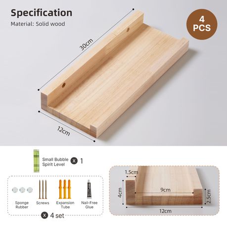 Solid Wood Floating Shelves Wall Mount -4Pc Picture Ledge Decor