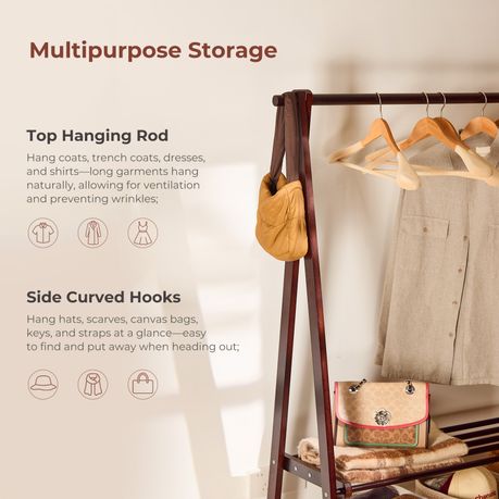Solid Wood Freestanding Clothes Rack with Double Rail