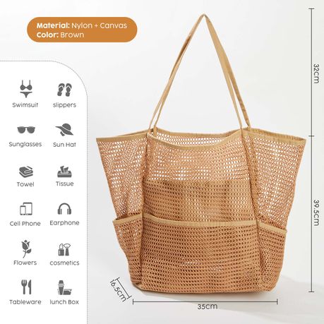 Mesh Beach Tote Bag - Brown
