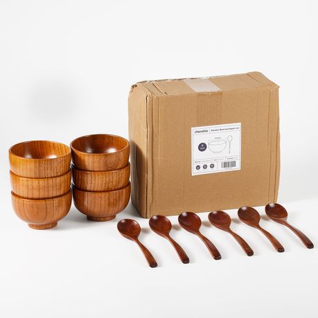 Wooden Poke Bowls Miso Soup Bowl Acai Smoothie Bowl Spoons Set - 6 bowls & 6 spoons