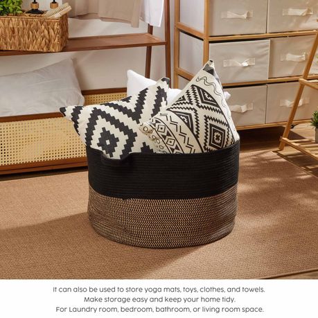 90L Woven Laundry Basket Foldable Storage Hamper - Black & Brown
