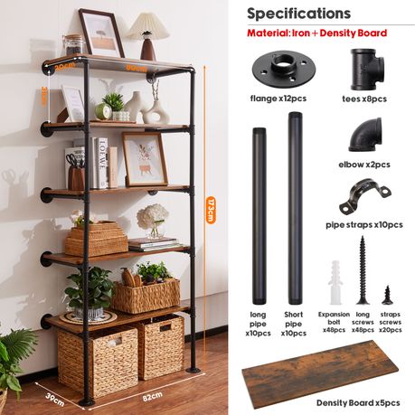 5-Tier Iron Pipe Open Shelf Storage Office Kitchen Floating Rack