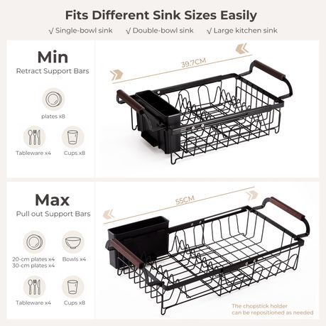 Expandable Over-Sink Dish Drying Rack with Cutlery Holder | 40–55 cm