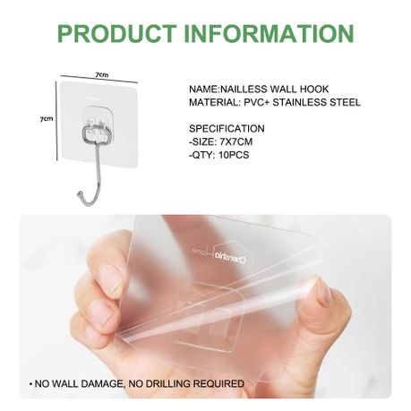 Self-Adhesive Hooks 10 Pack Transparent No Drill Heavy Duty Wall Hangers