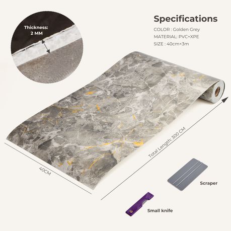 Golden Grey Marble-Effect Self-Adhesive Vinyl Roll | 40 cm × 3 m