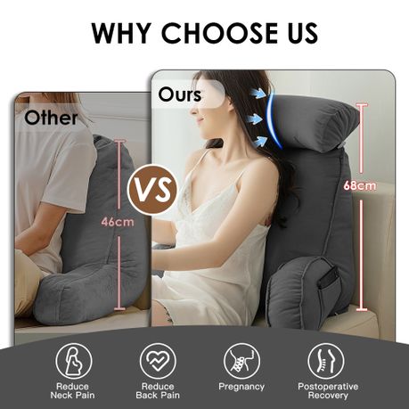 Bed Reading Pillow with Arm Support & Side Pockets - Grey