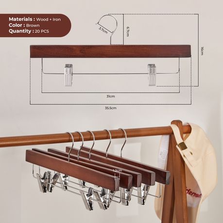 Chenshia 20Pc Wooden Hangers Pants Skirt Hangers Adjustable Non-Slip Clips