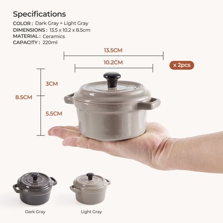 Grey Ceramic Ramekin Dishes with Lids Set - 220ml