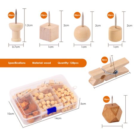 Chenshia 128pc Wood Push Pins Thumb Tack for Decorative Wall Bulletin Board