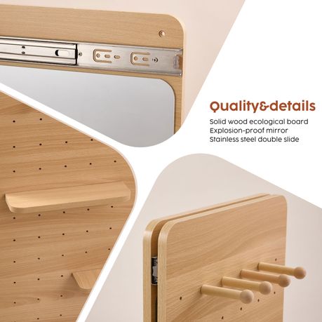 Full-Length Sliding Mirror with Solid Wood Pegboard & Hooks Storage