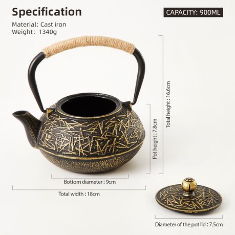 900ml Black & Gold Cast Iron Teapot