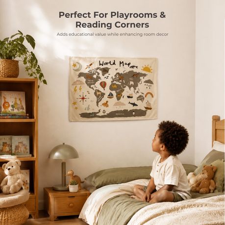 Cotton Kids Wall Poster | World Map with Animals | 70 × 48 cm