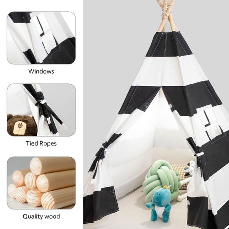 Kids Teepee Tent Cotton Canvas Indoor Playroom Playhouse Nook - Black & White