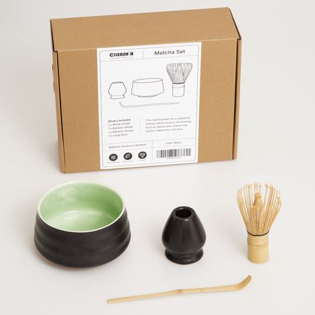 Japanese Matcha Gift Set - 4Pc Ceramic Bowl, Bamboo Whisk & Stand Spout