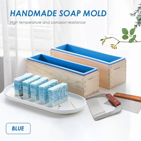 Chenshia 2-Piece Rectangular Silicone & Wood Soap Making Moulds&Soap Cutter - Blue