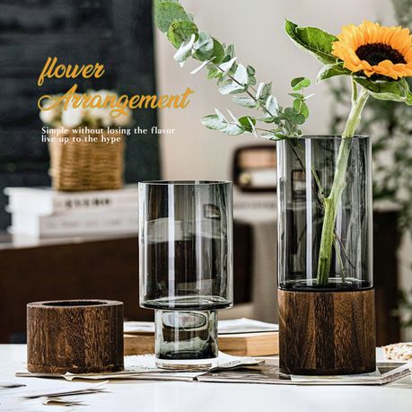 Clear Glass Vase Tung Wood Base Floral Arrangement Holder