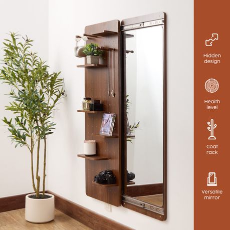 Full-Length Sliding Mirror with Solid Wood Pegboard & Hooks Storage - Brown