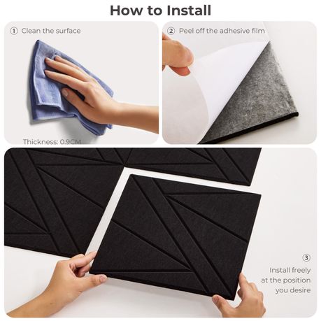 Black Self-Adhesive Acoustic Felt Panels | 12-Pack | 30 × 30 cm