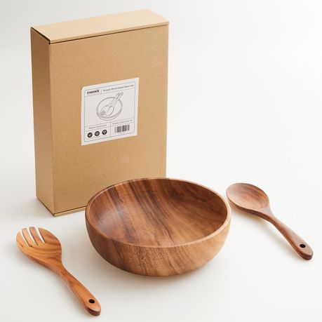 Chenshia Acacia Wood Salad Bowl With Fork Spoon Natural Tableware -23.7cm