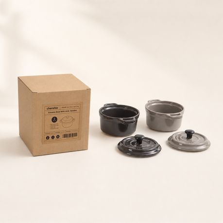 Grey Ceramic Ramekin Dishes with Lids Set - 220ml