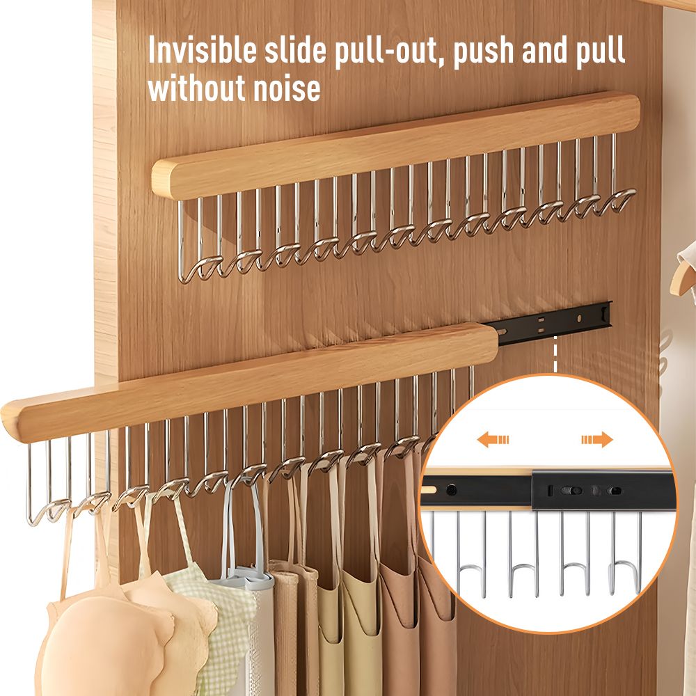 12-Hook Retractable Closet Pull Out Rack Wooden Clothes Hanger