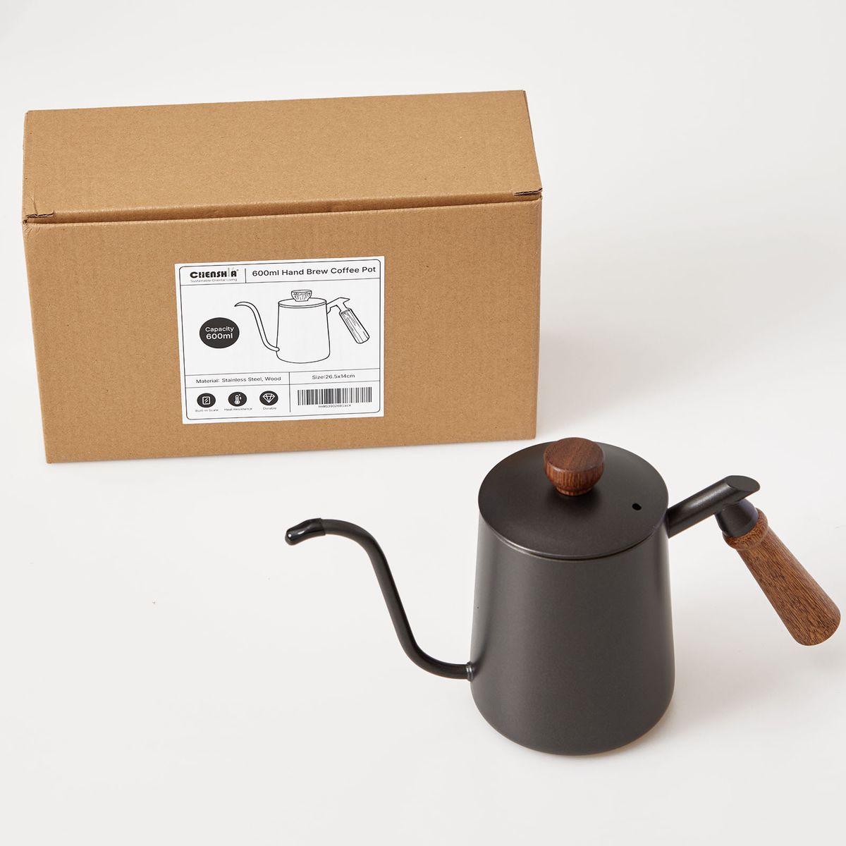 600ml Gooseneck Coffee Kettle Matte Black & Wood Pour Over Brewer