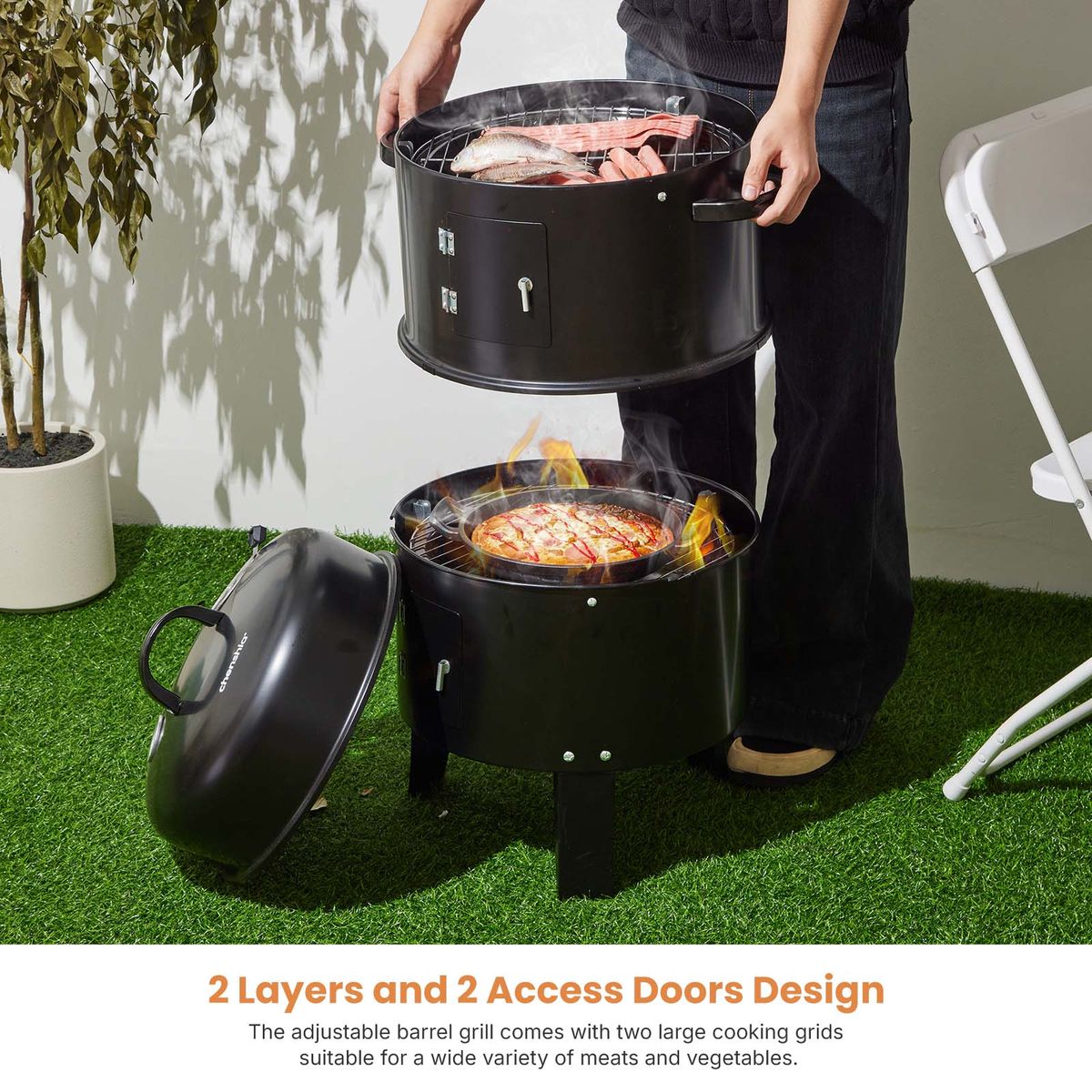 3-in-1 Vertical Charcoal Braai & Smoker BBQ Grill with Thermometer