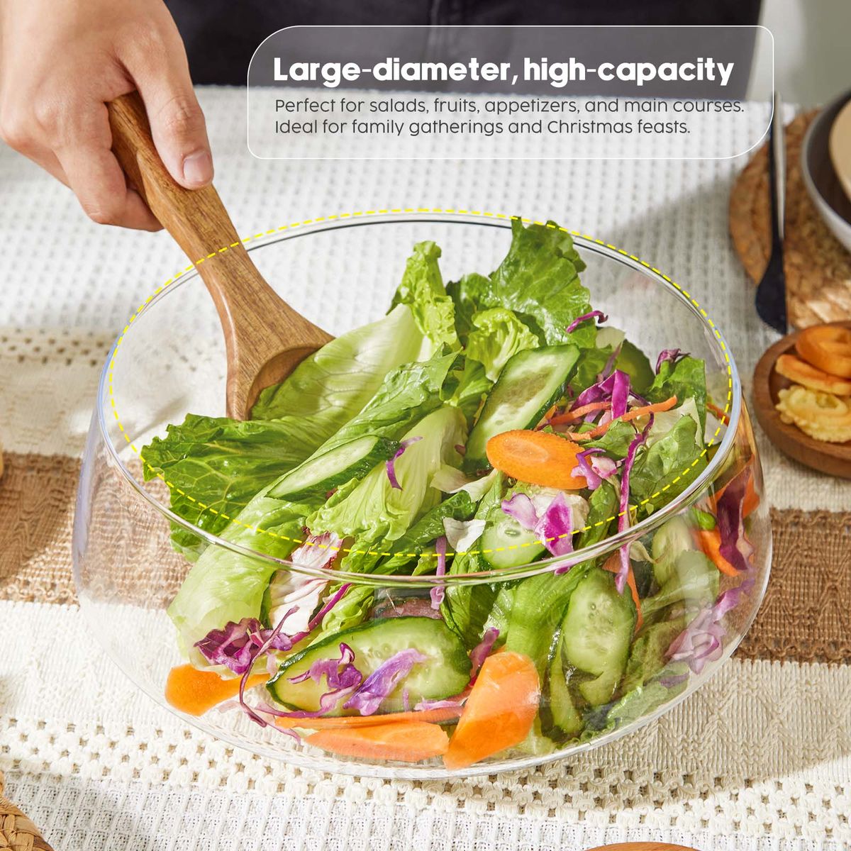 Glass Salad Bowl Set with Acacia Wooden Base & Utensils