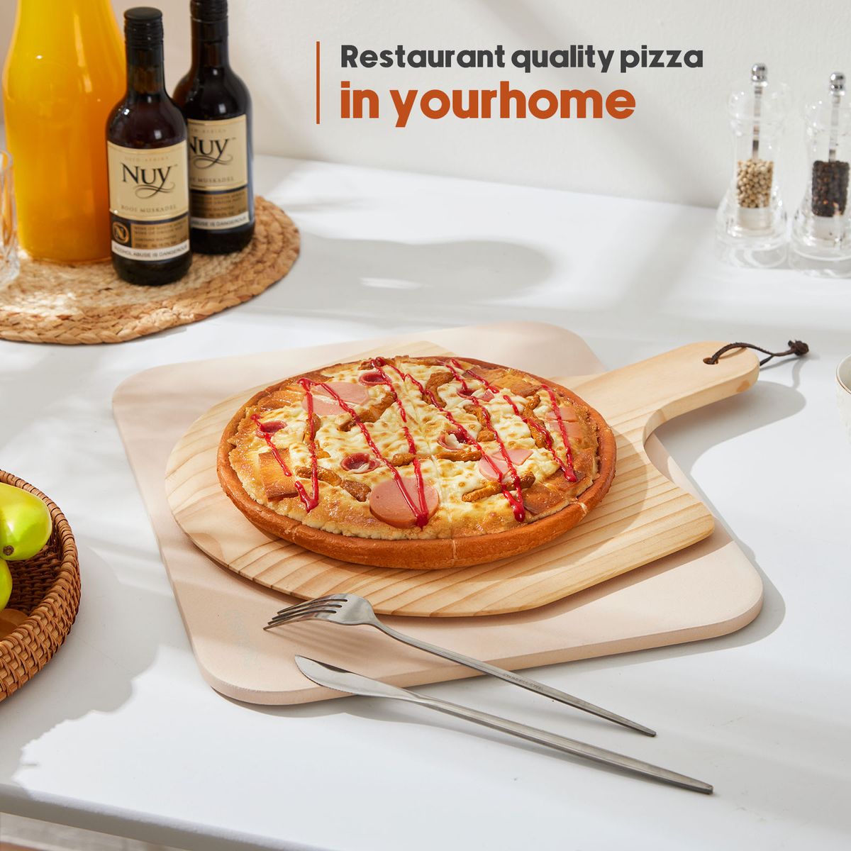 Pizza Stone & Wooden Peel Set - Cordierite Baking Tray Oven Grill BBQ