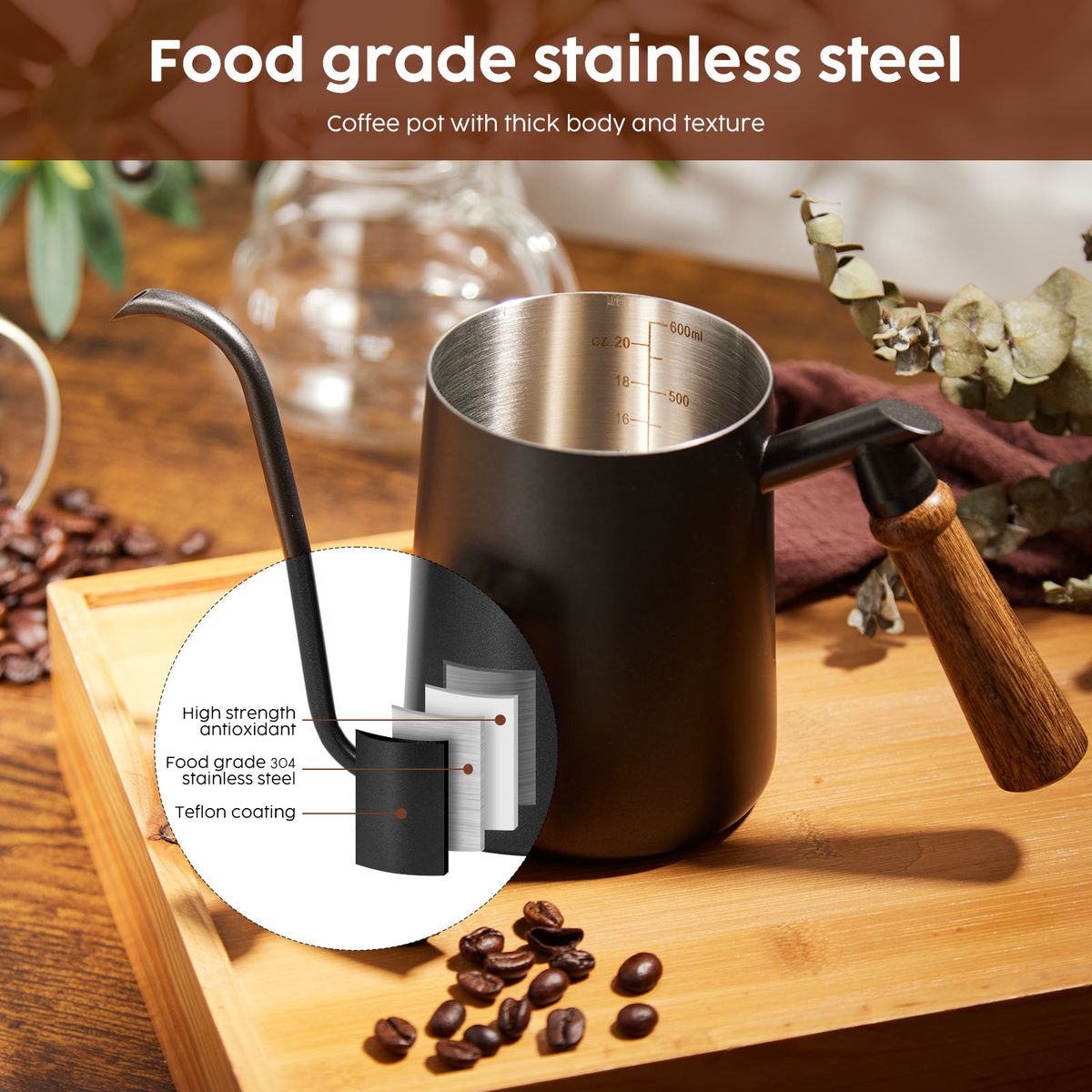 600ml Gooseneck Coffee Kettle Matte Black & Wood Pour Over Brewer
