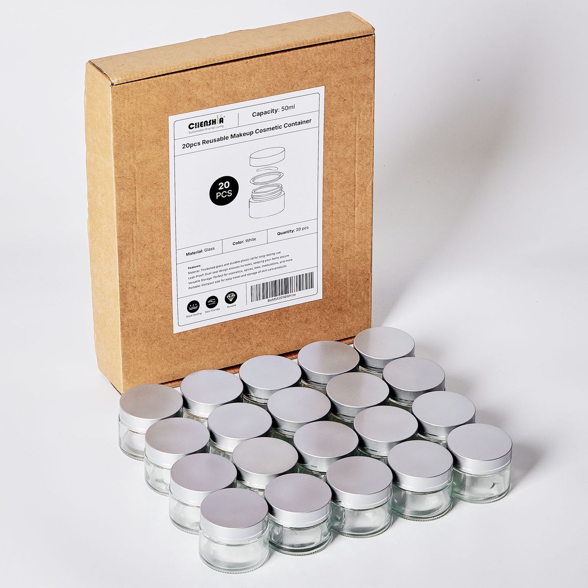 Chenshia 20Pc Glass Cosmetic Jars Leak Proof Travel Containers Spatula&Lids - Transparent