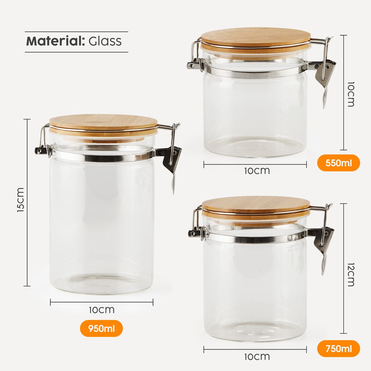 Glass Storage Jars Set of 3 Airtight Kitchen Canisters