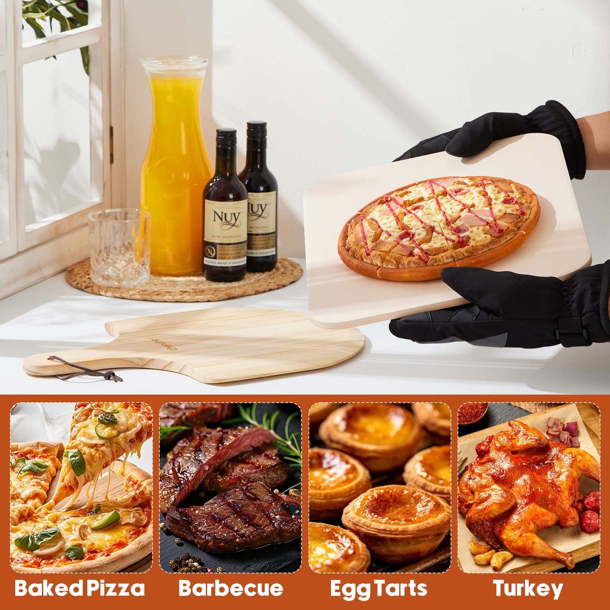 Pizza Stone & Wooden Peel Set - Cordierite Baking Tray Oven Grill BBQ