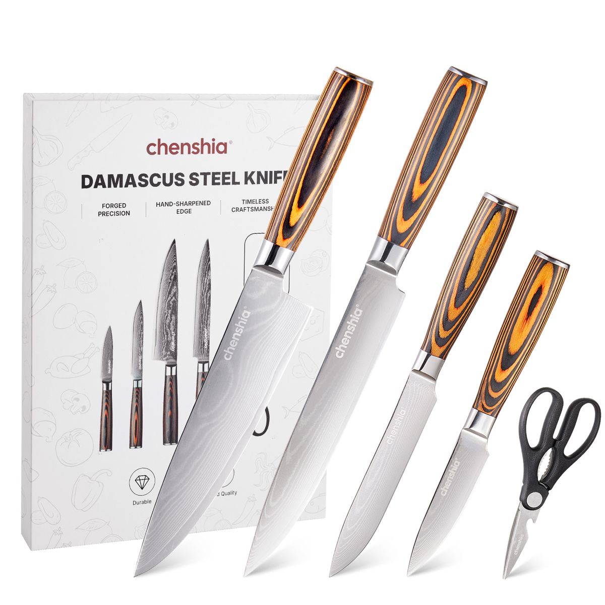 Silver Damascus Knife Set - 5 Piece